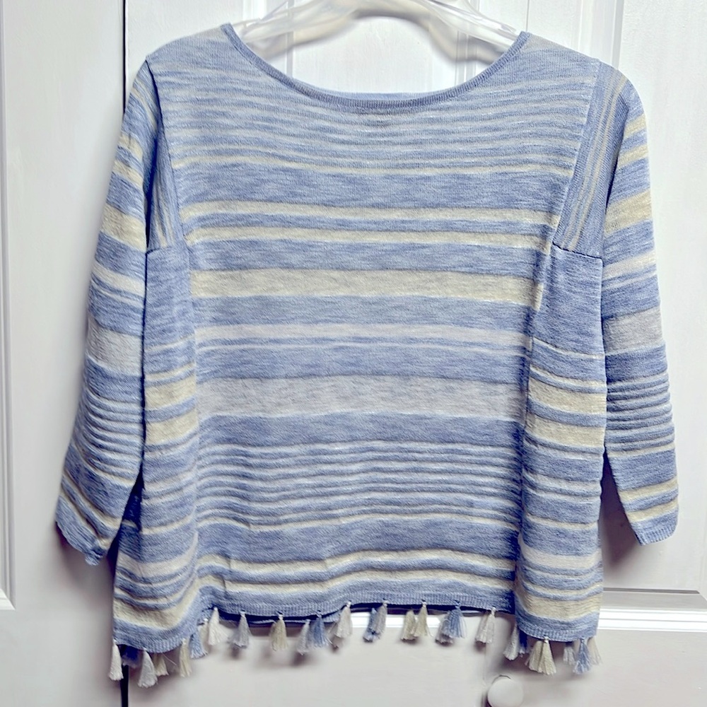 Joseph A Blue Gray Stripe Drop Sleeve Boat Neck Knit Top Size S